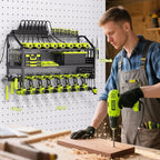 Power Tool Organizer Wall Mount with Charging Station, 8 Drill Holder with 8-Outlet Power Strip, Garage Cordless Drill Storage and Organization, Battery Utility Rack