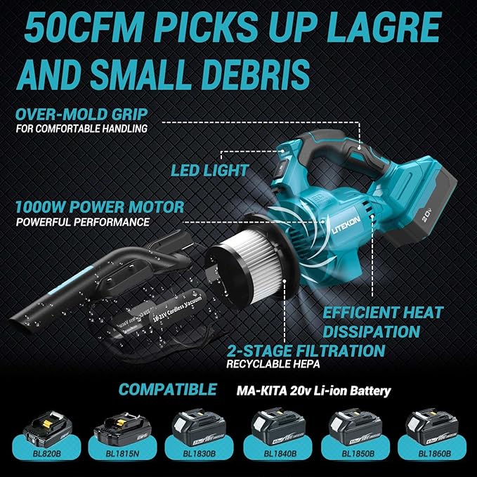 Cordless Vacuum Cleaner Compatible with 𝗠𝗔-𝗞𝗜𝗧𝗔 Battery, 20000Pa High Power Handheld Vacuum with HEPA Filter, 5 in 1 Portable Electric Vacuum With LED Light for Carpets, Floors&Cars (No Battery)
