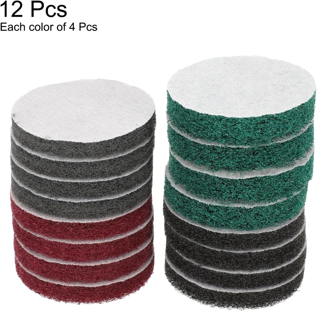 HARFINGTON 4pcs Scrubber Scouring Pads 180 400 800 1200 Grits 3 Inch Drill Power Brush Hoop and Loop Surface Conditioning Disc Drill Scuffing Disc Scrub Pads for Kitchen Cleaning, 4 Colors