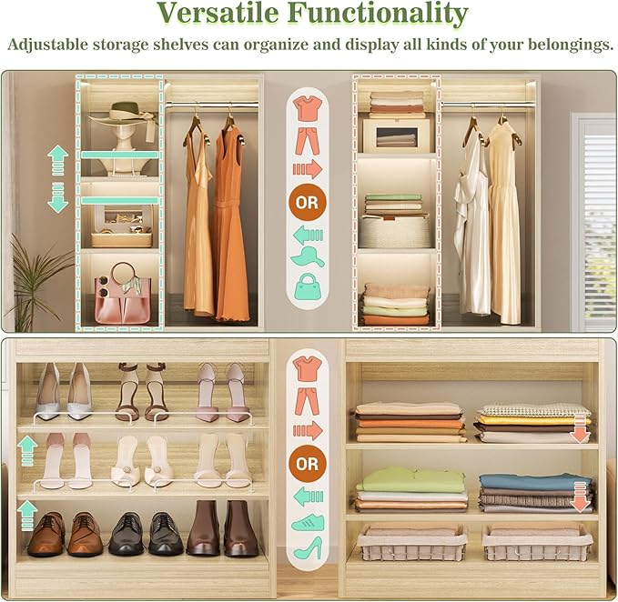 Closet System, 4.2–8.8 FT Closet Organizer with 2 Wooden Drawers and Shelves, Walk-in Closet System with 5 Hang Rods, Built-in Reach in Closet Tower, Can Fit 60 to 96 inch, Greige Oak