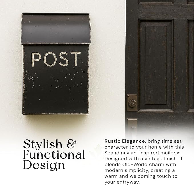 NACH Mailboxes for Outside Wall Mount, 15 x 9.5 x 4 inches, Rustic Black Wall Mounted Mailbox and Newspaper Holder, Waterproof Mailbox for Door - The Rustic Milano Mailbox