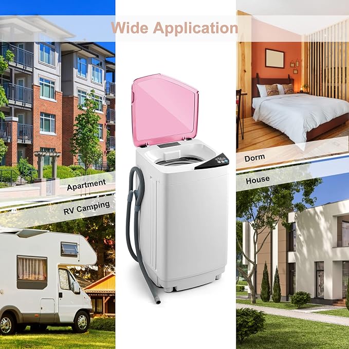 COSTWAY Portable Washing Machine, 7.7lbs Capacity Compact Laundry Washer and Spin Combo with 6 Programs, Built-in Barrel Light, Full-Automatic Washing Machine for Apartments Camping RVs Dorm, Pink