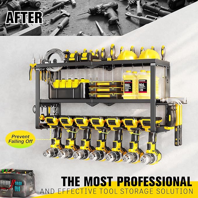 Power Tool Organizer Wall Mount - 300Lbs Load 3 Layers Storage Rack with 7 Drill Holders for Drills Cordless Tools. Heavy Duty Iron Garage Tool Organizer Storage for Workshop Shed Pegboard Basement