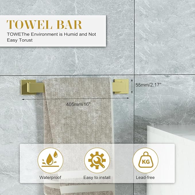 Bathroom Accessory Towel Bar Set: 5 Pieces Gold Bathroom Hardware Square SUS304 Stainless Steel - Wall Mounted Towel Rack&Toilet Paper Holder&Towel Ring and Towel Hook