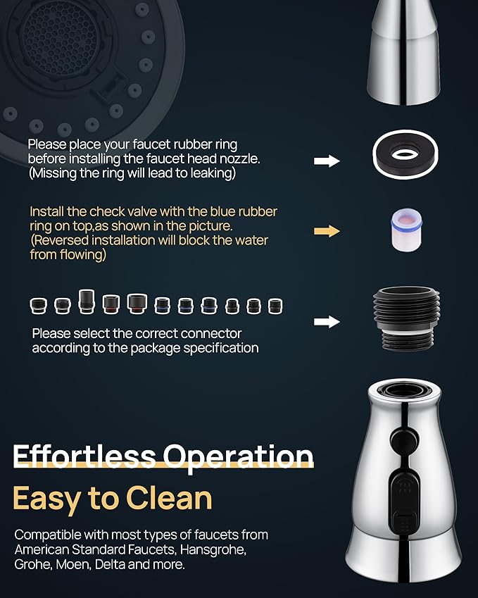 Kitchen Faucet Head Replacement, Pull Down Faucet Spray Head, 3 Function Faucet Tap Spout Sprayer Nozzle for Kitchen Faucet with 11 Adapters, Chrome