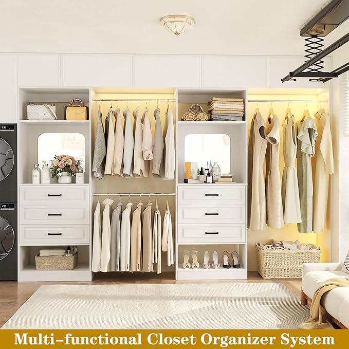 Unikito Closet System with 6 Drawers, 6-14Ft Closet Organizer with Mirror, Walk-in Closet Organizer Wardrobe Clothes Rack with 3 Hanging Rods, Sturdy Wood Clothing Garment Rack with Tower, White