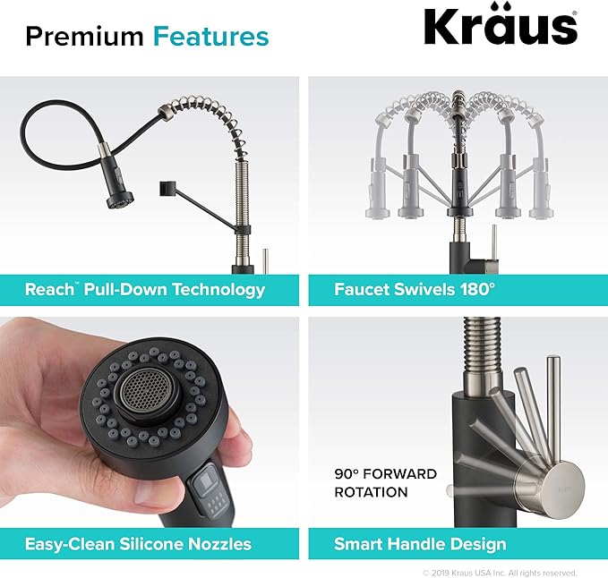 KRAUS Bolden 18-Inch Single Handle Spot Free Stainless Steel/Matte Black Commercial Style Pull-Down Kitchen Faucet with Dual Function Sprayer, KPF-1610SFSMB (Pack of 1)