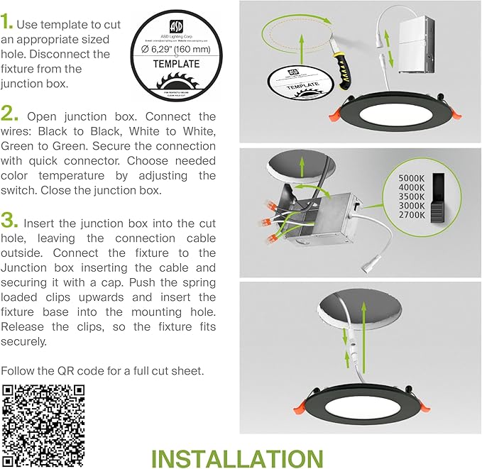 ASD 6 Pack LED Recessed Lighting 6 Inch 12W, 5 CCT 2700K-5000K CRI90+, IC Rated Ultra Thin Dimmable Ceiling Lights with J Box, Canless Wafer Downlight, Round Slim Panel Light, Energy Star ETL, Black
