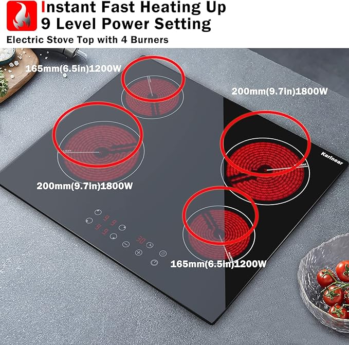 Karinear Drop-in 4 Burner Electric Cooktop 24 Inch Radiant Cooktop, Electric Stove Top with Residual Heat Indicator, Child Safety Lock, Timer, 220-240V, 6000W, Hard Wire(No Plug)
