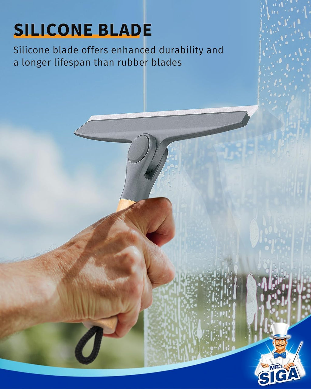 MR.SIGA All Purpose Silicone Squeegee for Shower Door, Mirror, Glass, Streak Free Shower Squeegee, Pivoting Bamboo Handle, Includes 1 Suction Hook, 10 inch Wide, Gray, 1 Pack