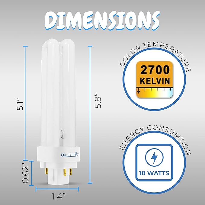 OHLECTRIC 18W Warm White Fluorescent Lamps with G24q-2 Base - 2700k Double Tube Compact Fluorescent Lamps - Perfect Choice for Garage, Halfway, Yard, Porch - Pack of 4