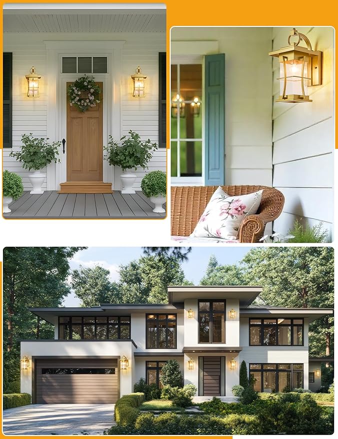 Gold Dusk to Dawn Outdoor Wall Lantern Exterior Light Fixtures Wall Mount Porch Light with Photocell Sensor Waterproof Outside Sconce for House, Patio, Garage,Seeded Glass Outside Wall Lamps