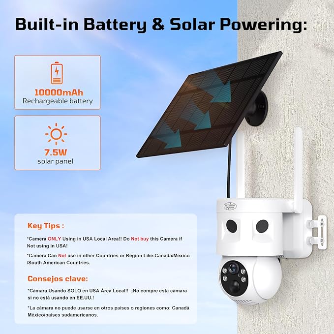 4G LTE Cellular Security Camera 180°Automatic Intrusion Detection and 360°Panoramic View Home and Outdoor Security Camera with Solar Panel, 2K Video Illumination at Night