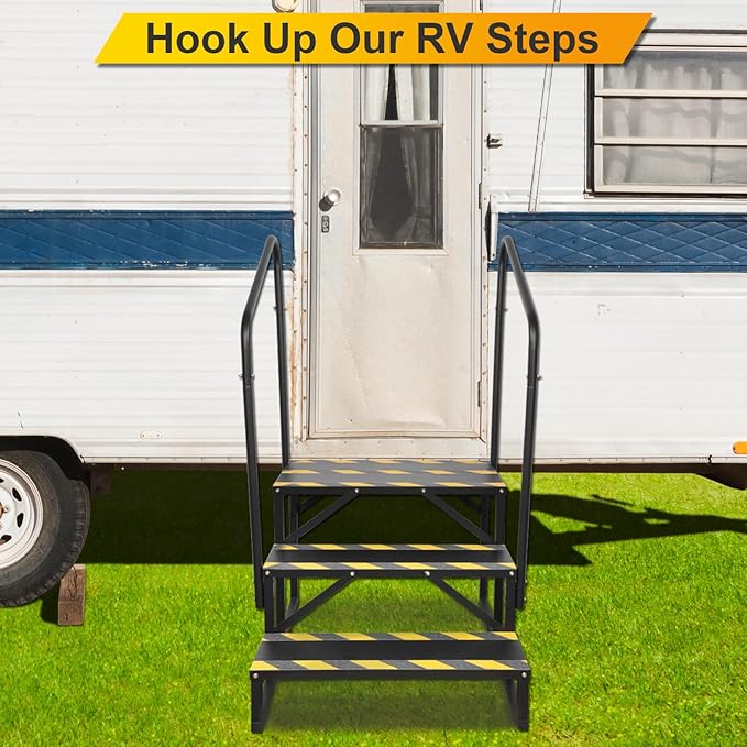 RV Steps with Handrail, Hot Tub Steps with Handrail, Portable Stairs Steps for 5th Wheel RV, Mobile Home Stairs Outdoor RV Step (3 Steps with 2 Handrails)