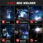 ARCCAPTAIN MIG Welder 200A, Upgraded 6 IN 1 Welding Machine 110V/220V Flux Core MIG/Gas MIG/Lift TIG/Stick Welding/Spool Gun MIG/Spot Multiprocess Welder with Synergy, Burn Back Adjustment, Inductance