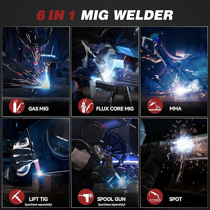 ARCCAPTAIN MIG Welder 200A, Upgraded 6 IN 1 Welding Machine 110V/220V Flux Core MIG/Gas MIG/Lift TIG/Stick Welding/Spool Gun MIG/Spot Multiprocess Welder with Synergy, Burn Back Adjustment, Inductance