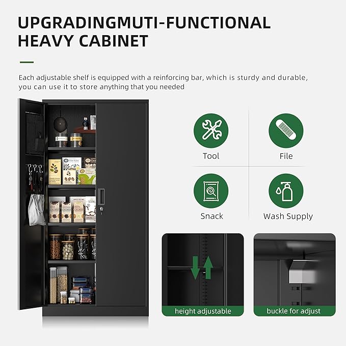 Greenvelly Metal Garage Storage Cabinet with with Pegboard,Black Tool Steel Cabinet with Doors and Adjustable Shelves, Tall Lockabke Garage Cabinet for Home Office, Garage, School,Pantry(36x18)