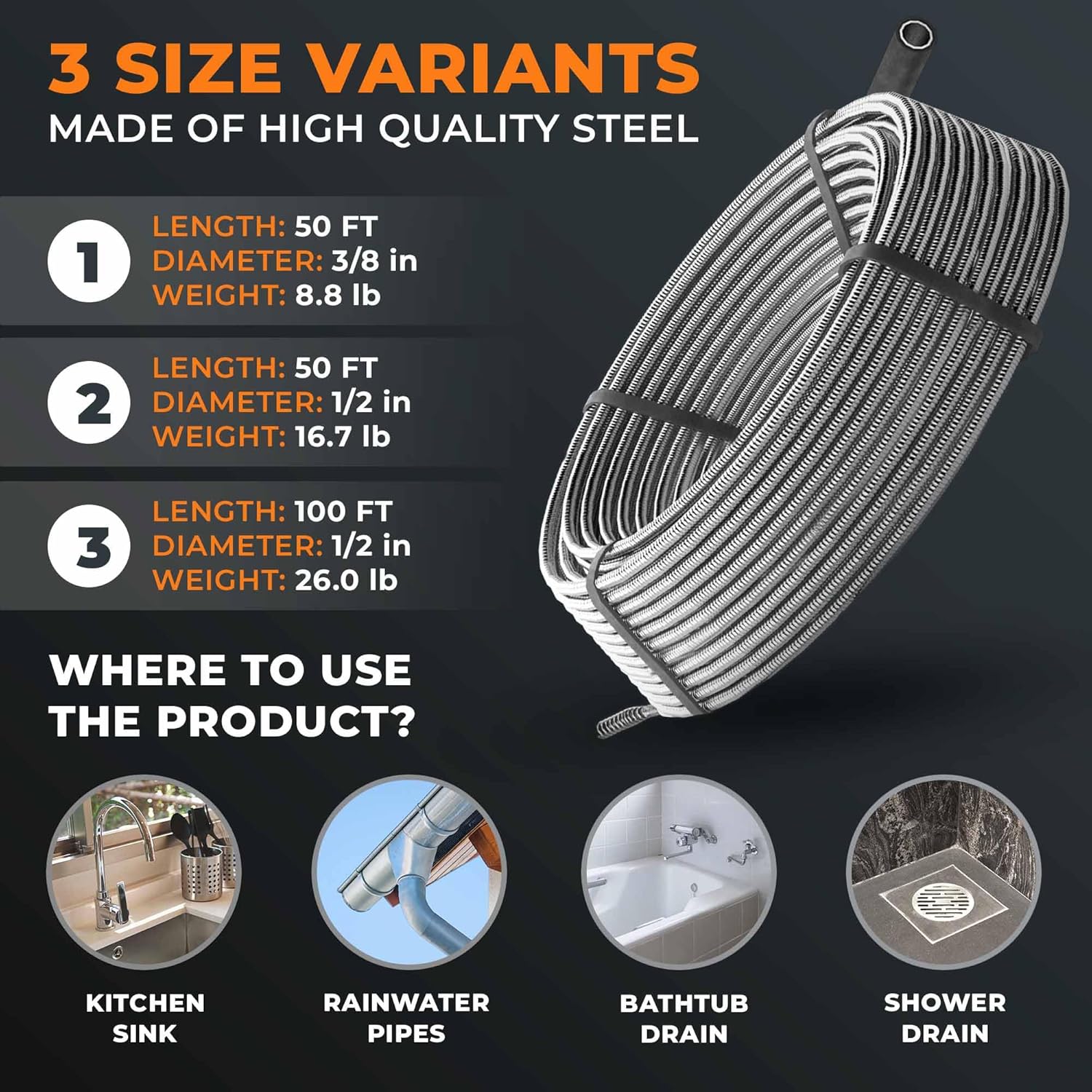 drain snake 3.0 [100 FT] - extremely long - Ideal plumbing snake for heavy & deep blockages - The drain auger for real do-it-yourselfers! (100 FT - 1/2 inch)