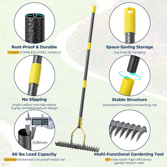 Rake, 51" Heavy Duty Metal Dethatcher Rake with 15" Wide Double-Edged Sharp Tines Thatch Rakes for Lawns,Dead Grass Removal,Soil Loosening,Lawn Care, Dethatching,Yard,Garden