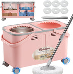 2025 Upgraded Gen 2 Spin Mop and Bucket Set with 4 Swivel Wheels for Easy Rolling, Separates Clean & Dirty Water, Floor Mop with 6 Washable Mop Heads for Wood, Tile, Vinyl, Baseboards - Pink