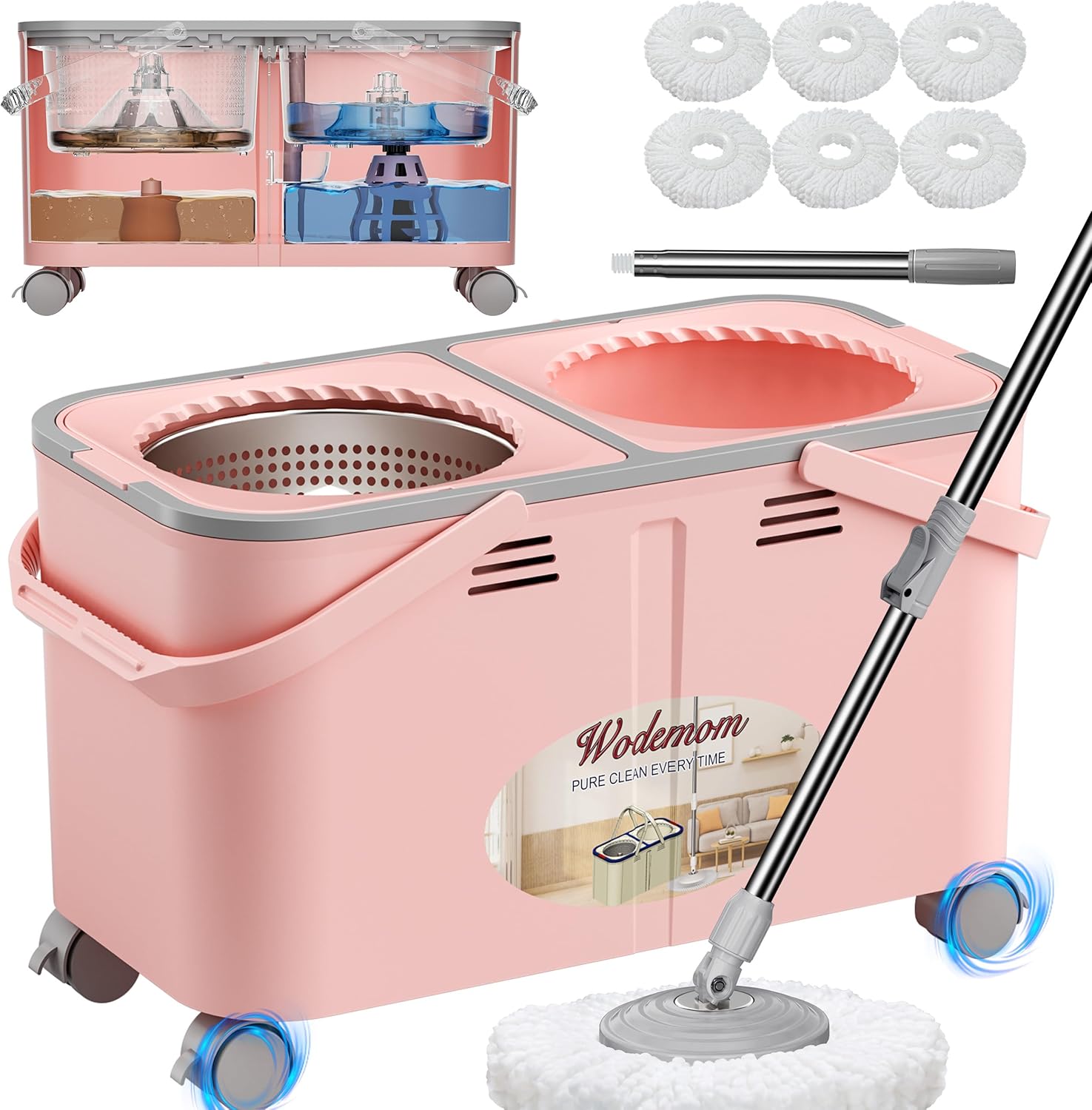 2025 Upgraded Gen 2 Spin Mop and Bucket Set with 4 Swivel Wheels for Easy Rolling, Separates Clean & Dirty Water, Floor Mop with 6 Washable Mop Heads for Wood, Tile, Vinyl, Baseboards - Pink