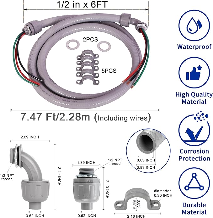 (1/2" Dia * 6 Feet with Wire) Yariwiz Flexible Electrical Conduit Liquid Tight PVC Conduit Kit with 3-Conductor 10 Gauge AWG Wires, Sealtight Seal Flex Liquidtight Wire Outdoor Non Metallic Grey