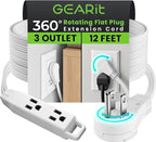 GEARit 360 Rotating Flat Plug Extension Cord (12ft, White) Multi 3-Outlet Extension 16 AWG Wire, Adapter for Small Spaces, Right Angle Socket, ETL Certified - 12 Feet