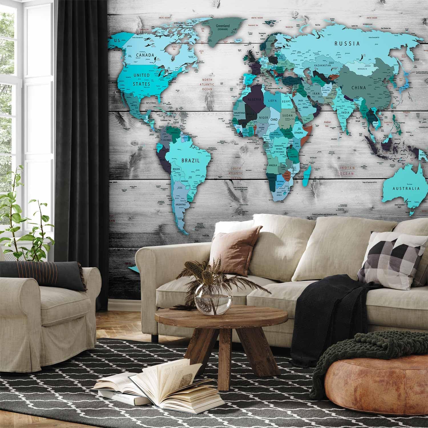 artgeist Premium Wall Mural World Map 138x101 in - XXL Non-Woven Wallpaper Fleece Wall Decor Photo Print Picture Image Design Home Map of The World k-B-0009-a-d