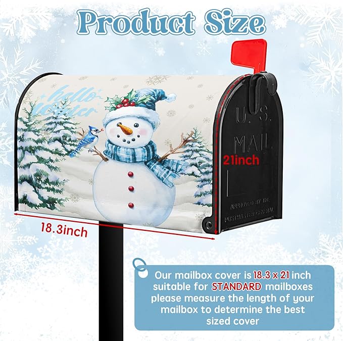 Hello Winter Snowman Mailbox Cover Magnetic Standard Size 18 X 21 Christmas Snow Pine Tree Post Letter Box Wrap Covers for Garden Yard Outdoor Xmas Decor