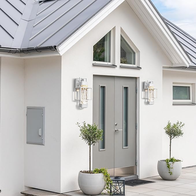 PARTPHONER Modern Outdoor Light Fixtures Dusk to Dawn Outdoor Lighting 2 Pack, 15" Exterior Wall Sconce Waterproof Outside Porch Light for House with Water Glass for Garage Doorway Silver