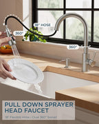 Kitchen Faucet with Soap Dispenser, Brushed Nickel High Arc Stainless Steel Modern Sink Faucet with Pull Down Sprayer, Deck Plate for 1 or 3 Hole Sinks for RV Bar Laundry Farmhouse