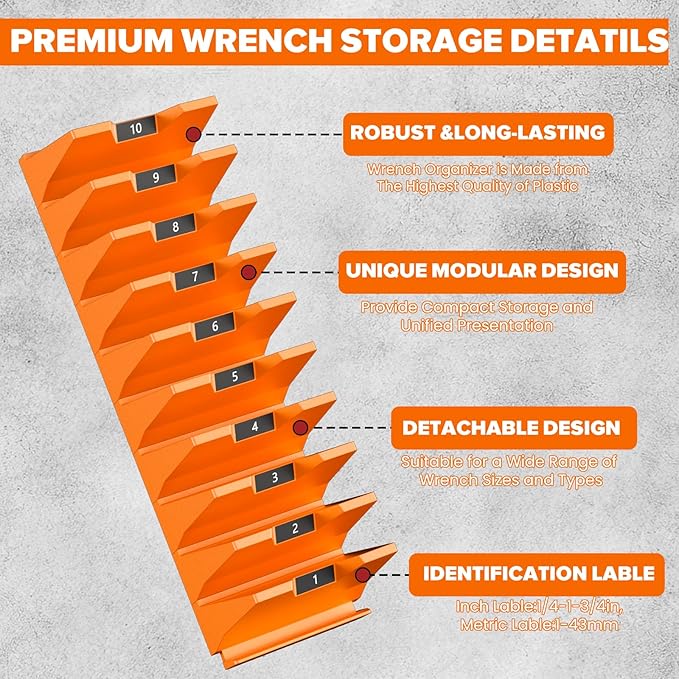 40PCS Modular Wrench Organizer Wrench Holder - Wrench Tool Organizers for Tool Drawer Storage, Wrench Storage Set with Metric & SAE Label, Wrench Rack Tool Gift for Professional Mechanics, Orange