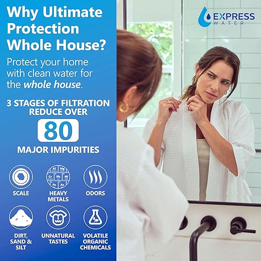 Express Water Whole House Water Filter System | Ultimate Protection | 3 Stage Water Purifier Whole Home, Heavy Metal + Anti-Scale Filters, High Reduction in Scale, Chlorine, PFAs, Lead, Arsenic & more