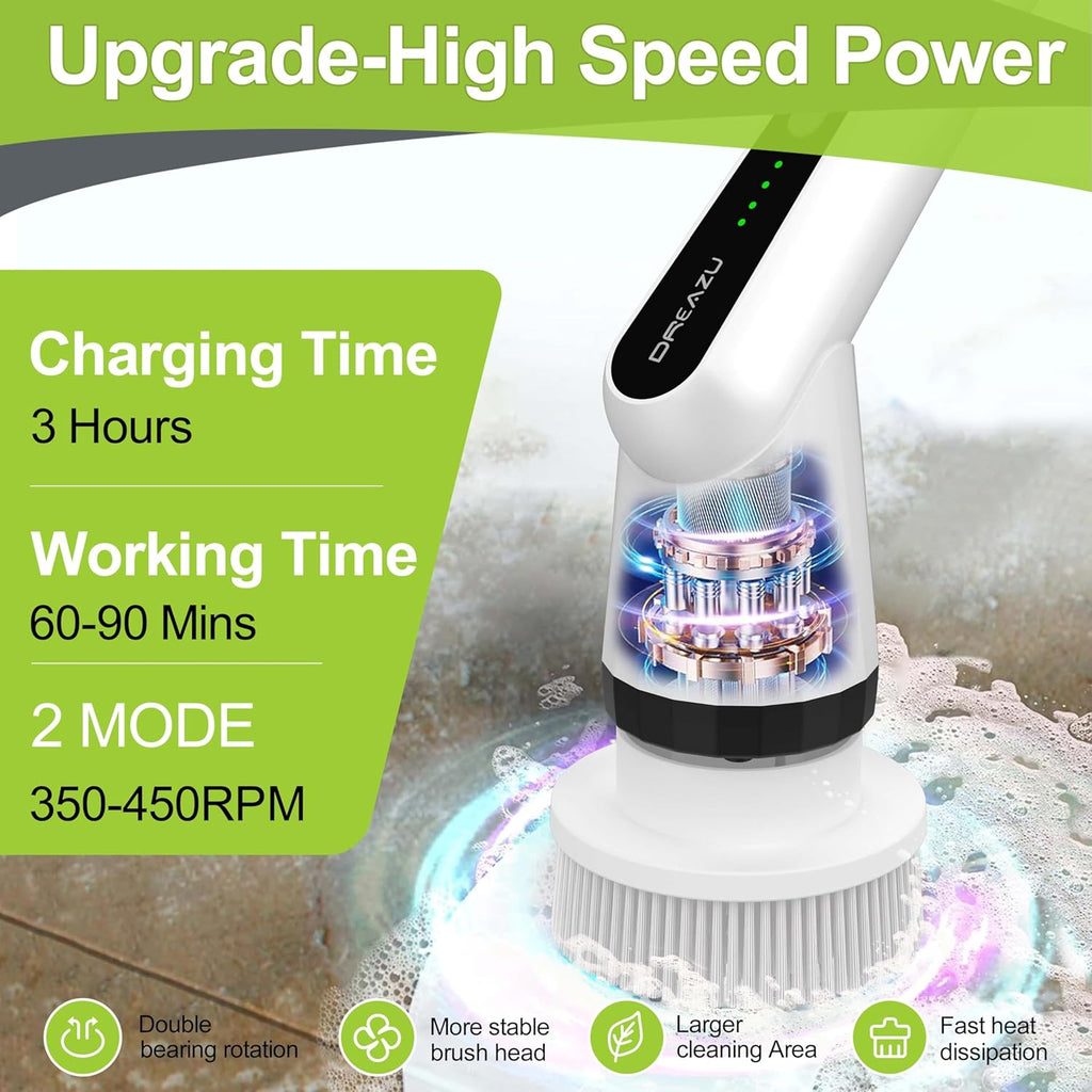 WKY-Electric Spin Scrubber - Upgraded 12-in-1 IPX7 Waterproof Shower Scrubber, Retractable Handle & 2-Speed for Toilet, Bathroom, Bathtub, Tile Floors