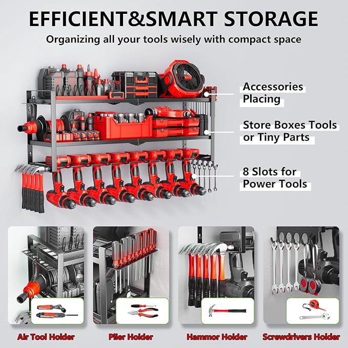 Power Tool Organizer Wall Mount, 3 Layer 8 Drill Holders Tool Storage Rack, Power Tool Shelf Loads 280lbs for Garage, Warehouse, Workshop, Gifts for Men Dad Husband Anniversary Fathers Day