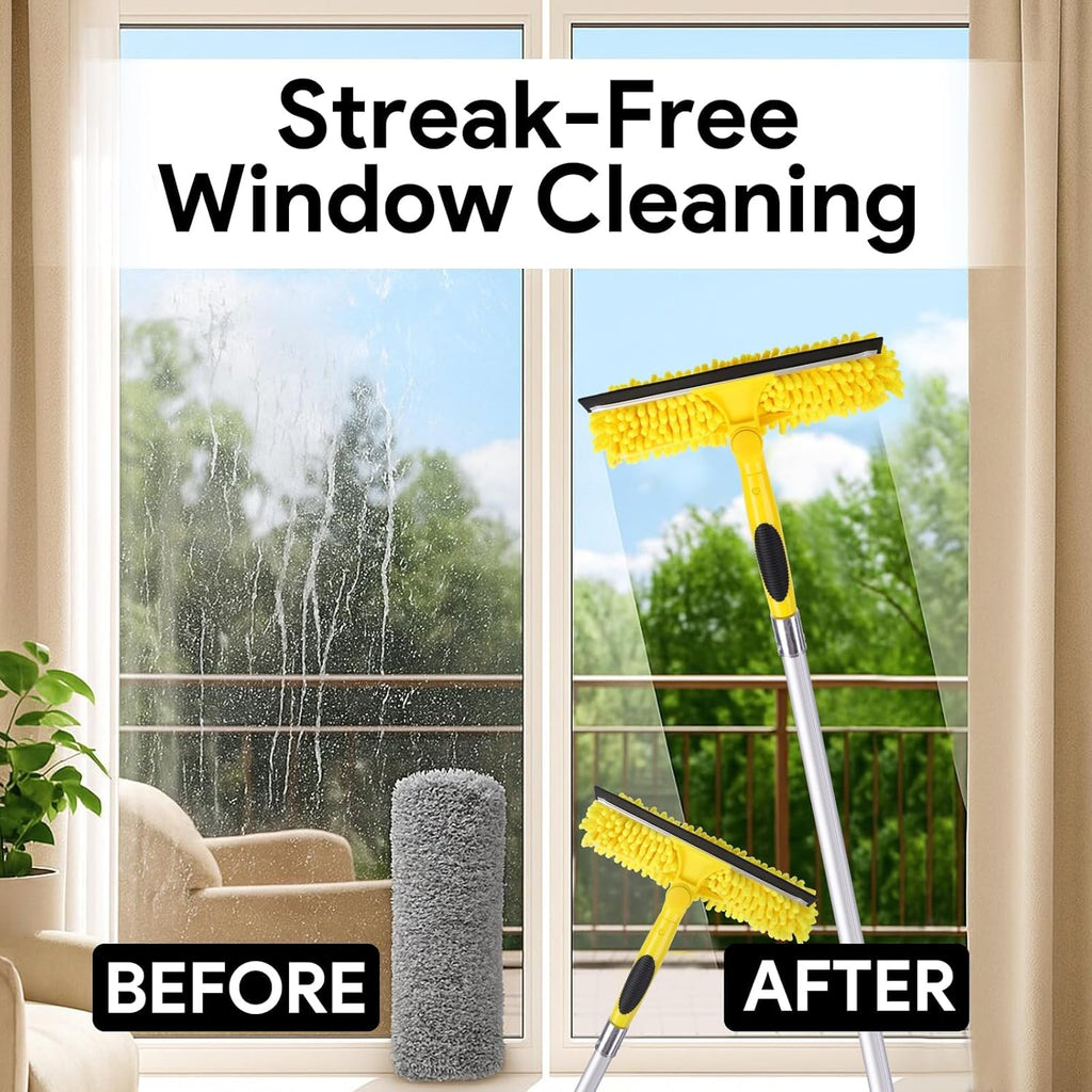 144'' Long Reach Window Squeegee with Telescoping Extension Pole,2 in 1 Shower Cleaning with Telescopic Pole,Extension Washing Tool with Rotatable Clean Head for Indoor/Outdoor High Window Glass