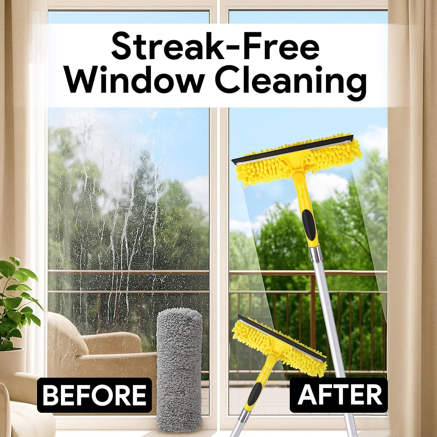 144'' Long Reach Window Squeegee with Telescoping Extension Pole,2 in 1 Shower Cleaning with Telescopic Pole,Extension Washing Tool with Rotatable Clean Head for Indoor/Outdoor High Window Glass