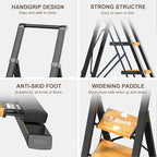 GameGem 6 Step Ladder for 12 Feet High Ceiling, Lightweight Aluminum Folding Step Stool with Convenient Handgrip, Stepladders with Anti-Slip and Wide Pedal for Home Use Space Saving - Black+Woodgrain