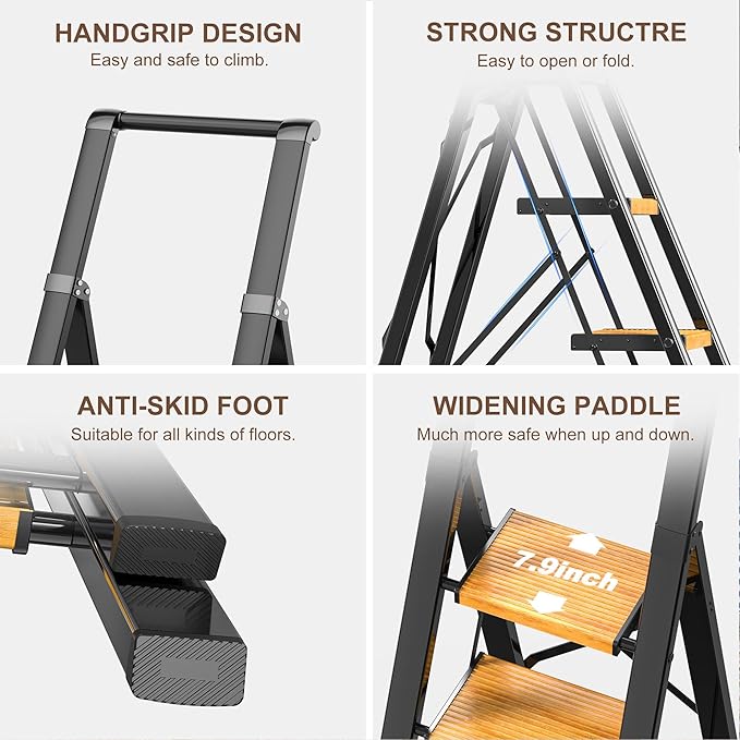 GameGem 6 Step Ladder for 12 Feet High Ceiling, Lightweight Aluminum Folding Step Stool with Convenient Handgrip, Stepladders with Anti-Slip and Wide Pedal for Home Use Space Saving - Black+Woodgrain