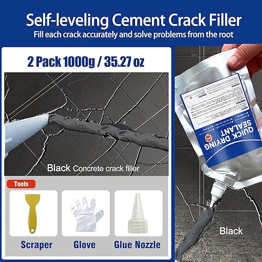 Concrete Crack Filler and Sealant, Quick Drying High Elasticity Cement Crack Filler, Waterproof Repair, Self-Leveling Concrete Slab Repair for Driveway, Patio (Black, 35.27 OZ)