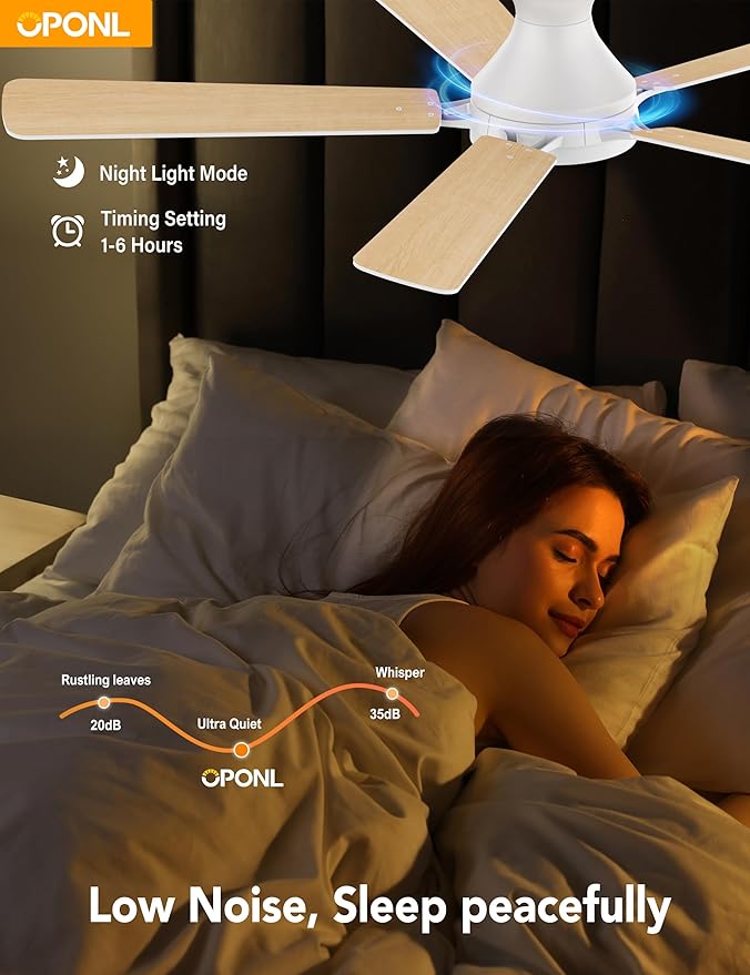 52 Inch White Ceiling Fan with Light with Remote Control, Large Air Volume, modern ceiling fan with light for Bedroom Kitchen Dining room Patio- Flush Mount