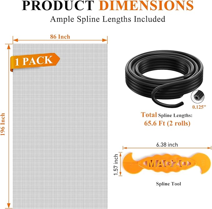 MAGZO Window&Door Screen Replacement Kit, 86" W x 196" L, with Retaining Spline(Total 65.6 FT) and Press-in Installation Tool, Polyester Scratch-Proof, Repair Adjustable Mesh for Windows&Doors, Black