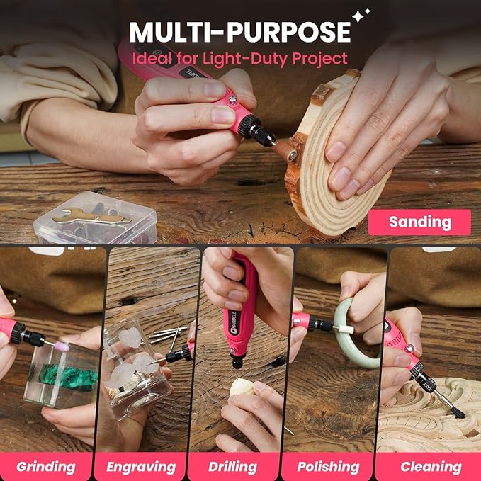 HARDELL Mini Cordless Rotary Tool, 5-Speed Rotary Tool Kit with 43 Accessories, Type-C Charging Power Rotary Tool for Engraving, Sanding, Polishing, Drilling, Grinding, Small DIY Crafts (Pink）