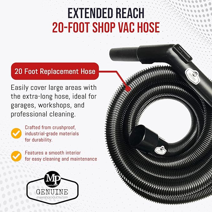 MP Maresh Products Vacuum Hose Replacement Compatible with Shop Vac Style Wet Dry Vacuum Cleaner - Crushproof Dust Collection Hose for Industrial and Commercial Use with Suction Control - 20' x 1-1/4"