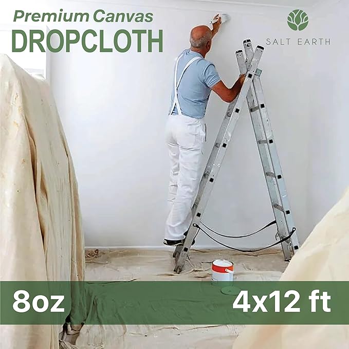 Canvas Drop Cloth by Salt Earth, Pack of 1 Reusable Paint Drop Cloth, 100% Recycled Cotton, All Purpose Painters Drop Cloth, Cotton Canvas Tarp Cover for Painter Furniture & Floor Protection (4x12FT)