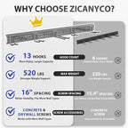 Garage Tool Organizer Wall Mount 64 inches with 13 Adjustable Heavy-Duty Hooks, Garage Organization, Garden Tool Storage Rack, Yard, and Shed, Holds Up to 520 lbs (Grey)