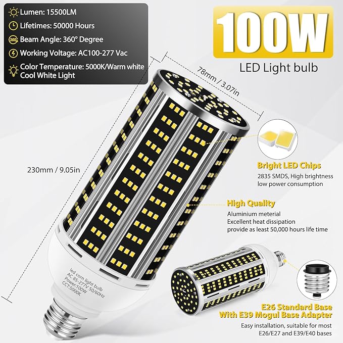100W 4 pack LED Corn Light Bulb,(1000W Equivalent )Commercial Grade DayLight 5000K E26/E39 14200LM Medium Mogul Base LED Lamp,Large Area Lights For Outdoor Indoor Garage Warehouse Factory Bay Light