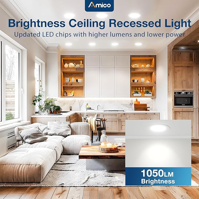 Amico 36 Pack 6 Inch 5CCT Ultra-Thin LED Recessed Ceiling Light with Plastic Junction Box, 2700K/3000K/3500K/4000K/5000K Selectable,1050LM, Dimmable Canless Wafer Downlight, 12W, ETL&FCC