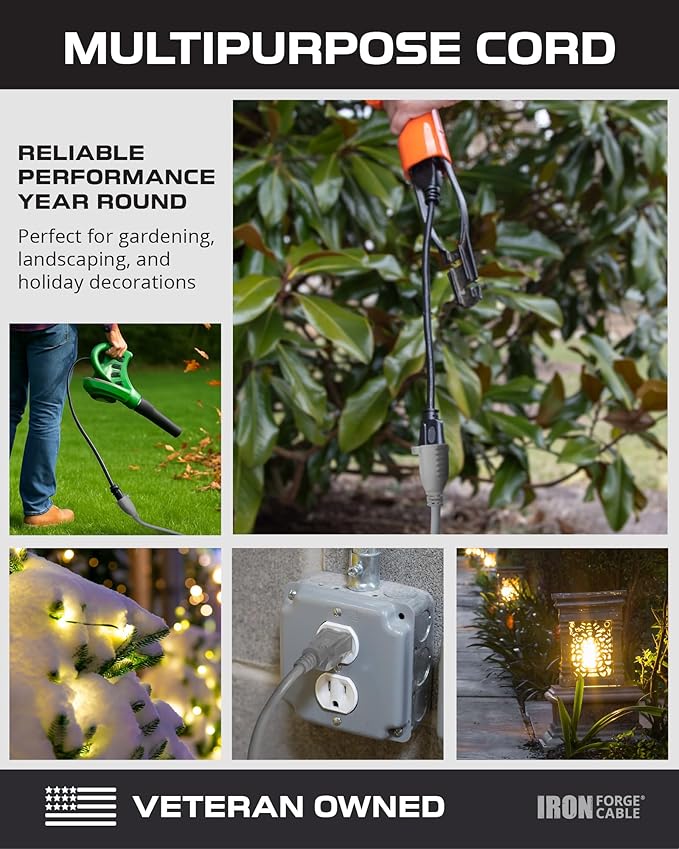 Iron Forge Cable Gray Outdoor Extension Cord 6 ft, 16/3 SJTW 6 Foot Grey 3 Prong Extension Cord Outdoor & Indoor, Weatherproof 13 Amp Heavy Duty Power Cable