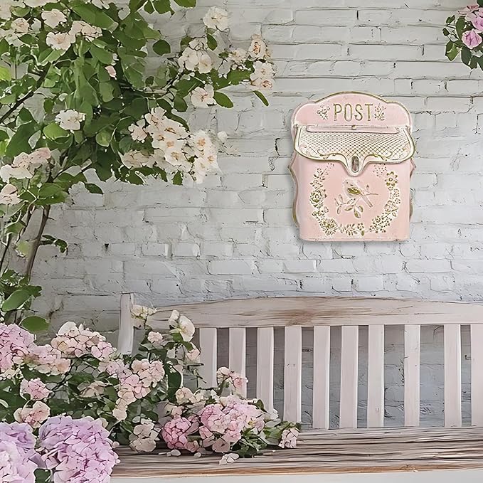 Mailbox Wall Mount Mailboxes for Outside Vintage Mail Boxes for House Outside Metal Drop Box Antique Style Nostalgic Charm Home Decorative, Bird Pattern, Pink